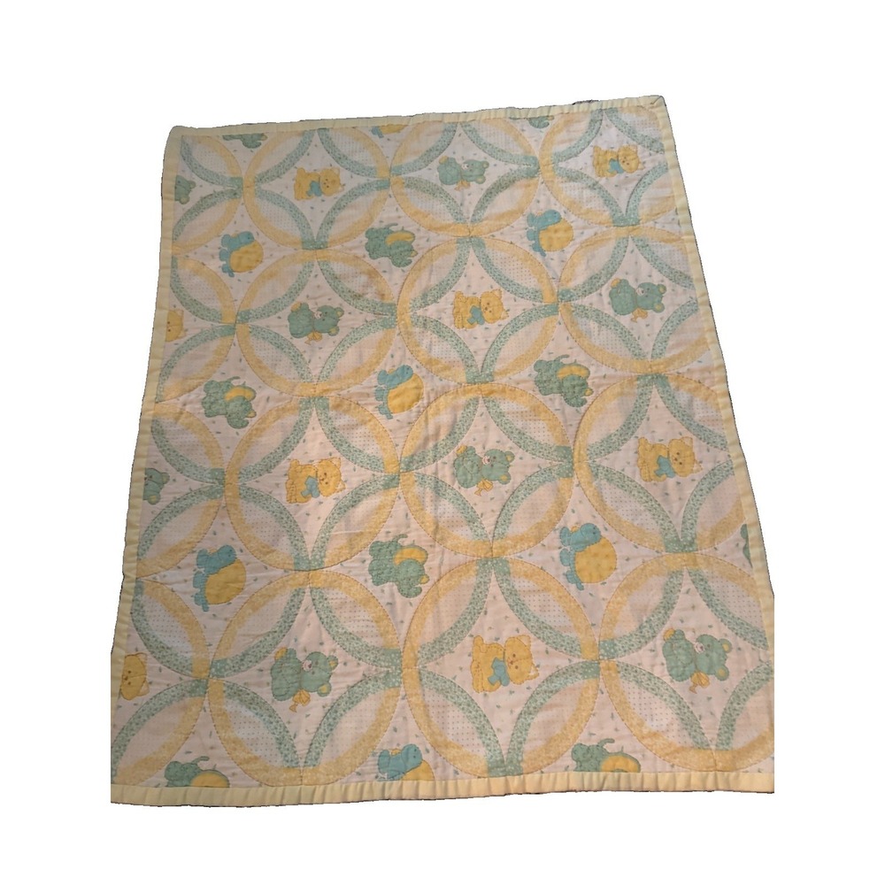 Vintage 1970s Animals Baby Blanket Hand Quilted 42x 34 Yellow Green